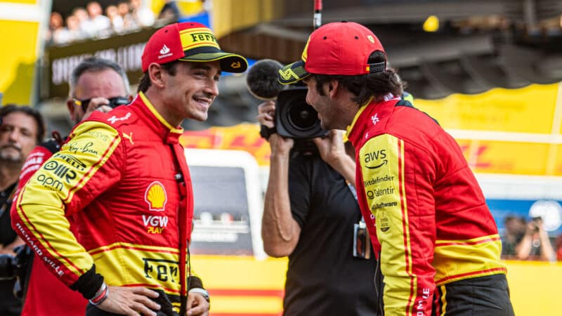 Charles Leclerc and Carlos Sainz talk after qualifying at Monza for the 2023 Italian Grand Prix