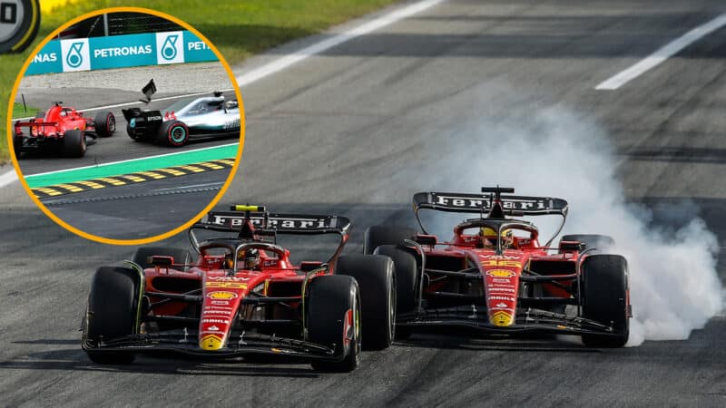 Charles Leclerc avoids hitting Carlos Sainz in 2023 Italian Grand Prix