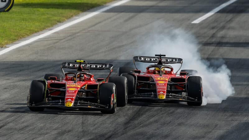 Charles Leclerc locks up as he tries to pass Carlos Sainz in the 2023 F1 Italian Grand Prix