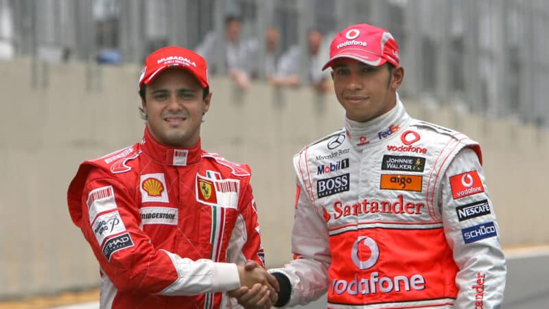 Felipe Massa and Lewis Hamilton shake hands ahead of the championship deciding 2008 Brazilian Grand Prix