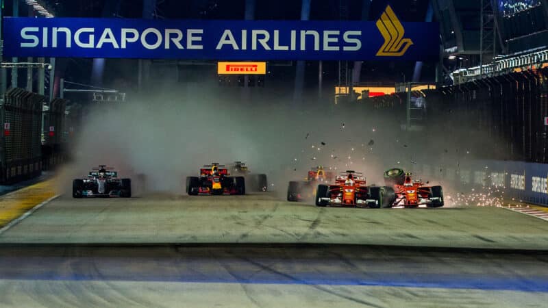 Ferraris collide at the start of 2017 Singapore Grand Prix