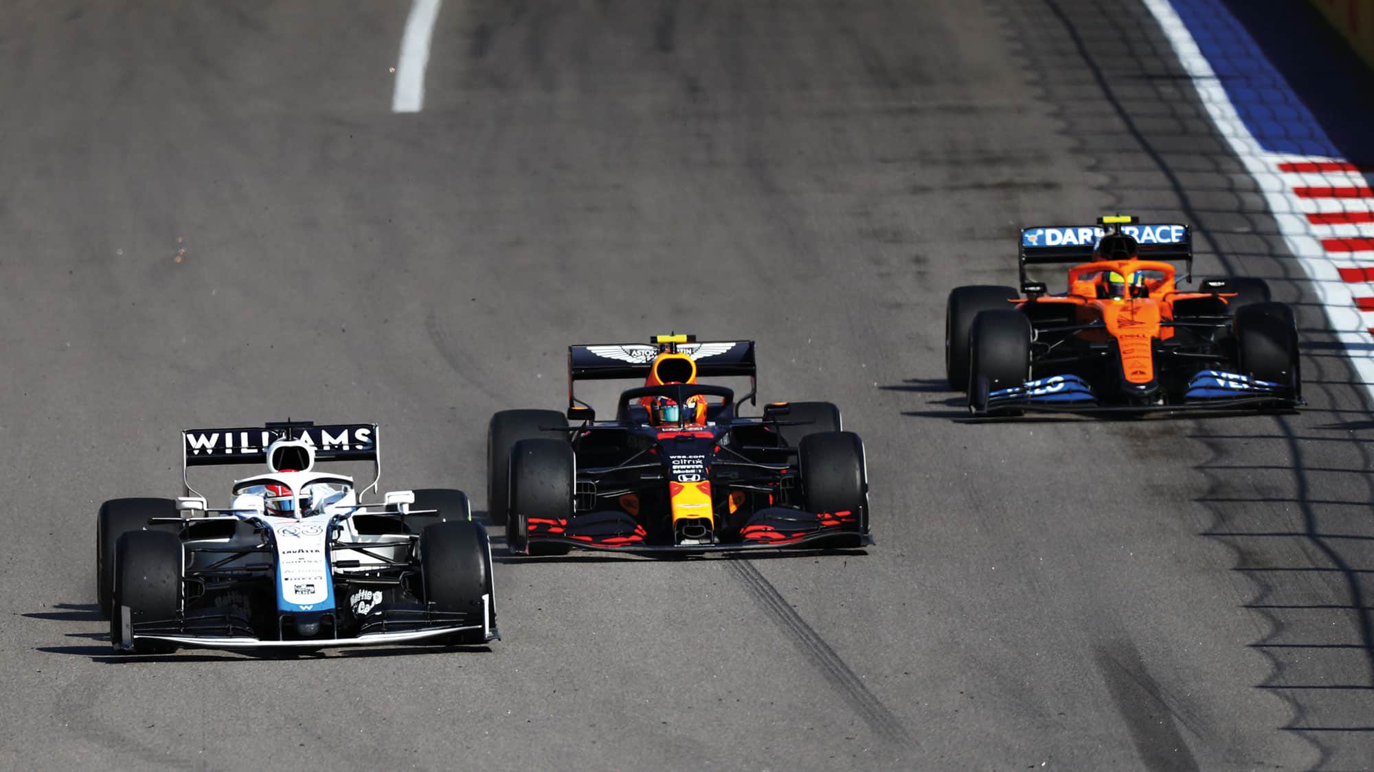 George Russell, Alex Albon and Lando Norris at the 2020 Russian GP