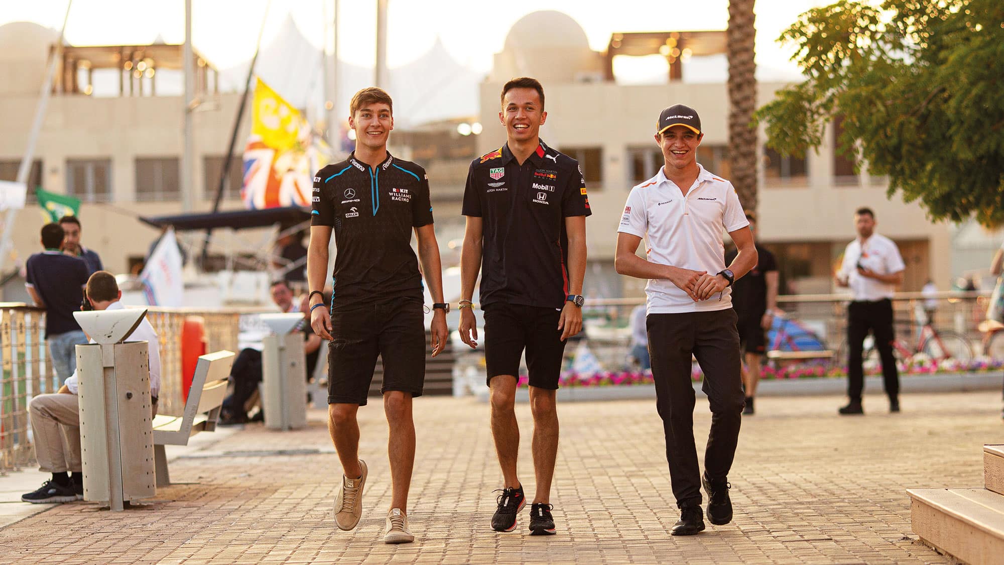 George Russell, Lando Norris and Alex Albon go for a walk