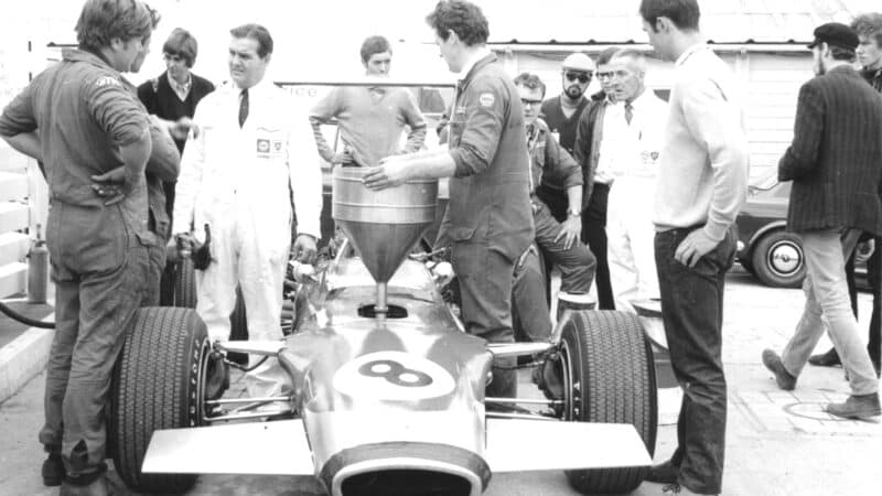 Graham Hill’s Lotus 49B is refuelled