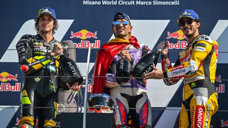Jorge Martin with Marco BEzzecchi and Pecco Bagnaia on podium at 2023 MotoGP San Marino GP
