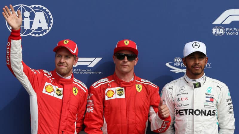 Kimi Raikkonen with Sebastian Vettel and Lewis Hamilton after qualifying on pole for 2018 Italian Grand Prix