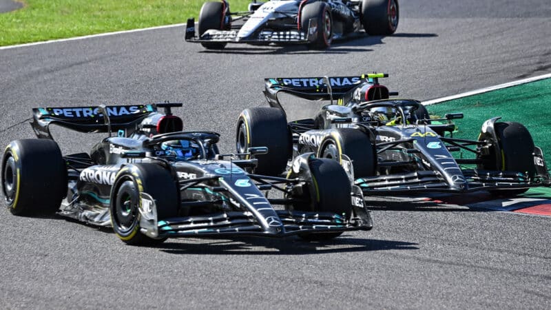 Lewis Hamilton and George Russell fight for position in 2023 Japanese Grand Prix