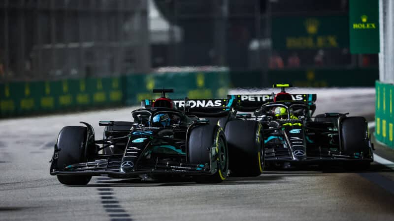 Lewis Hamilton close behind George Russell in the 2023 F1 Singapore Grand Prix