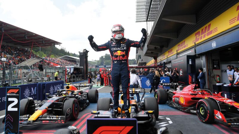 Max Verstappen celebrates victory at Spa 2023