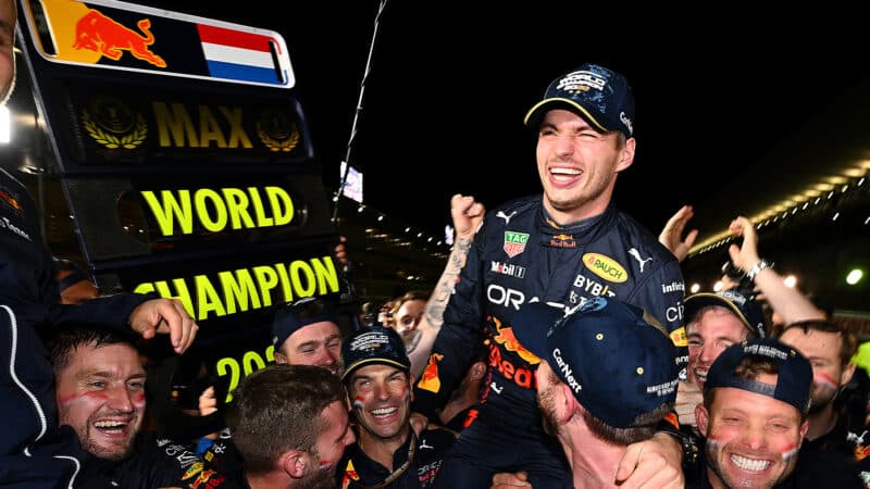 Max Verstappen celebrates winning 2022 F1 world championship at Japanese GP