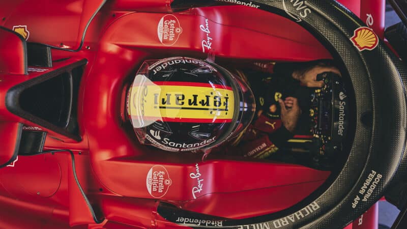Overhead view of Carlos Sainz in 2023 Ferrari F1 car