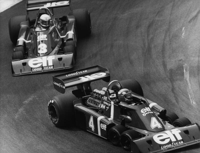 Patrick Depailler leads Jody Scheckter in Tyrrell six wheeler F1 cars
