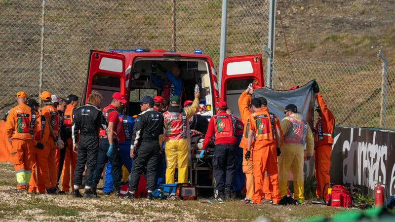 Pol Espargaro is put into an ambulance after 2023 MotoGP Portuguese GP crash