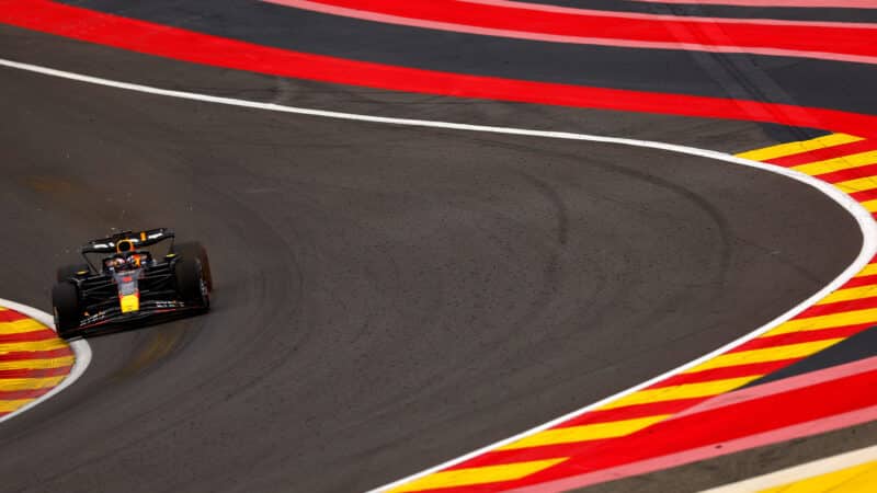 Red Bull of Max Verstappen alone on track at the 2023 Belgian Grand Prix