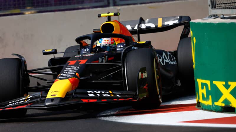Red Bull of Sergio Perez cornering in 2023 Azerbaijan Grand Prix