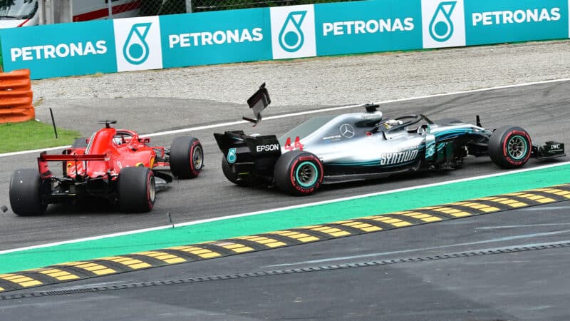 Sebastian Vettel spins after hitting Lewis Hamilton at 2018 Italian Grand Prix