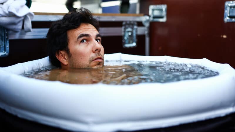 Sergio PErez in an ice bath at the 2023 Singapore Grand Prix