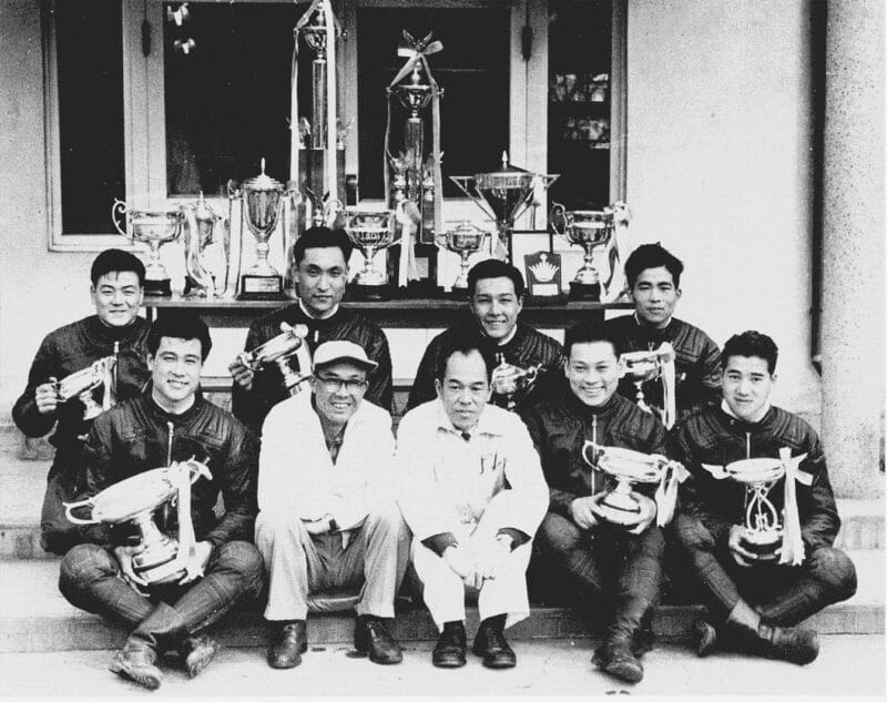 Soichiro Honda with some of his first factory riders