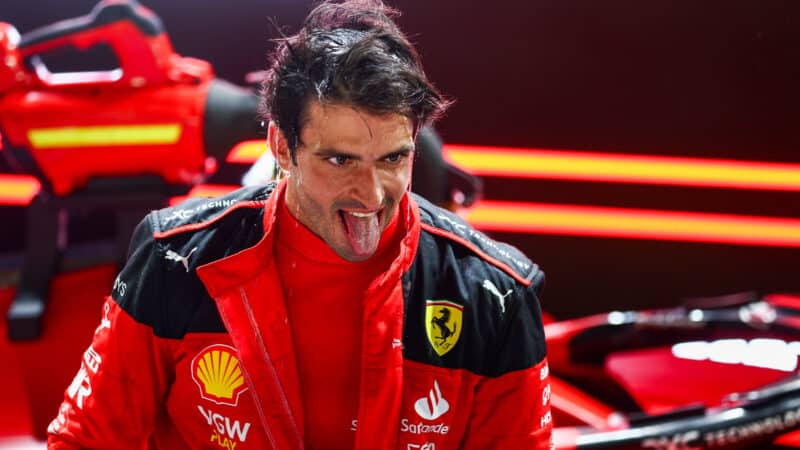 Sweat drips off Carlos Sainz after winning 2023 Singapore Grand Prix