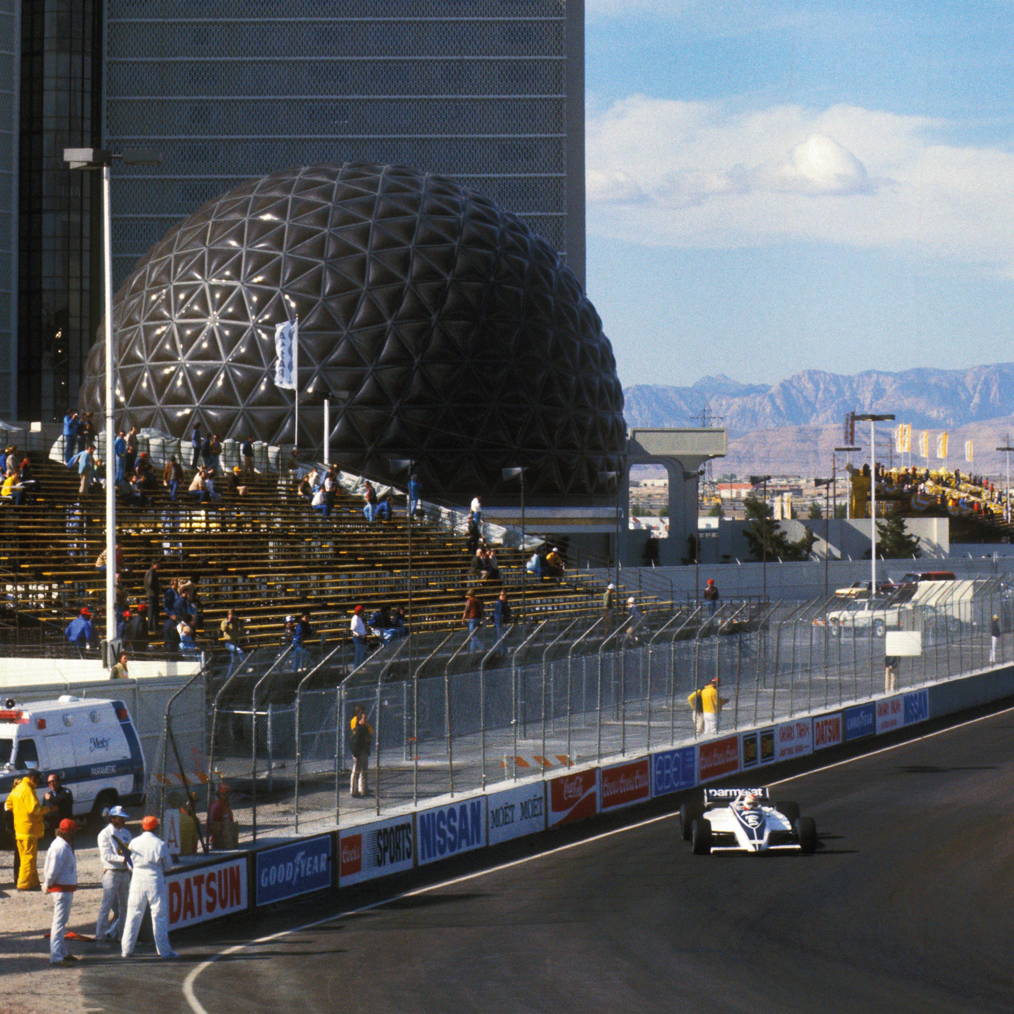 Nelson Piquet passes a near-empty stand.