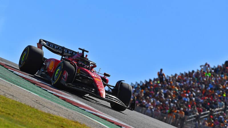 Charles Leclerc heads down hill at Circuit of the Americas in 2023 US Grand Prix