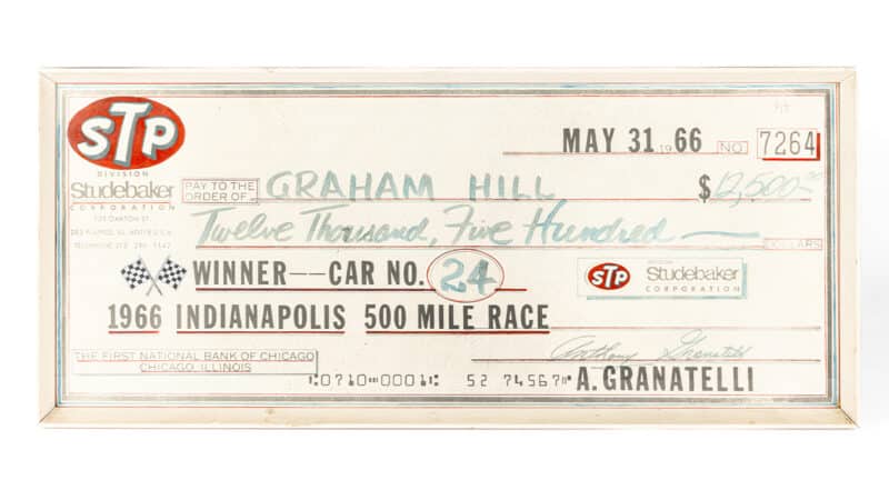 Graham Hill cheque for winning 1966 Indy 500