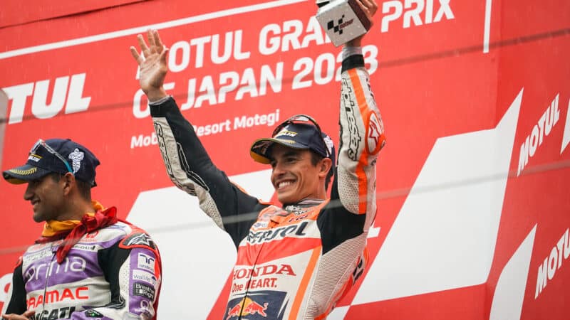Marc Marquez on the Motegi podium after 2023 MotoGP Japanese GP