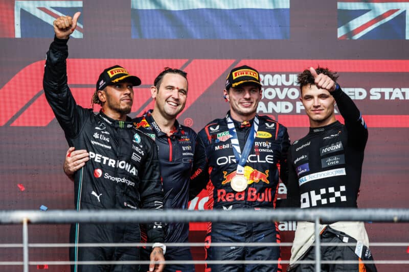 Max Verstappen, Lewis Hamilton and Lando Norris on the podium