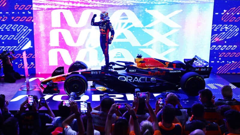 Max Verstappen celebrates being crowned champion in 2023 Qatar sprint race