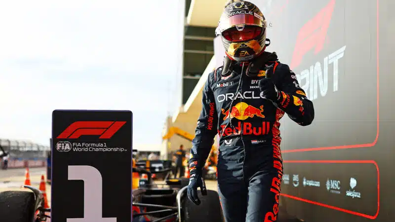Max Verstappen celebrates winning 2023 US Grand prix sprint race