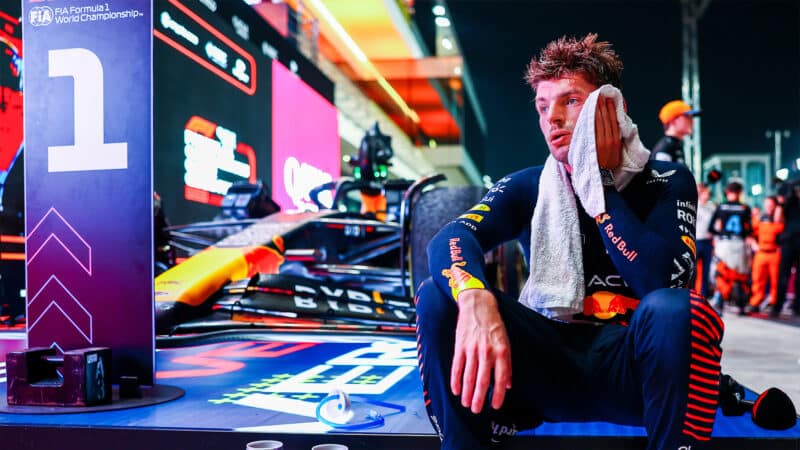 Max Verstappen sits exhausted after winning 2023 Qatar Grand Prix