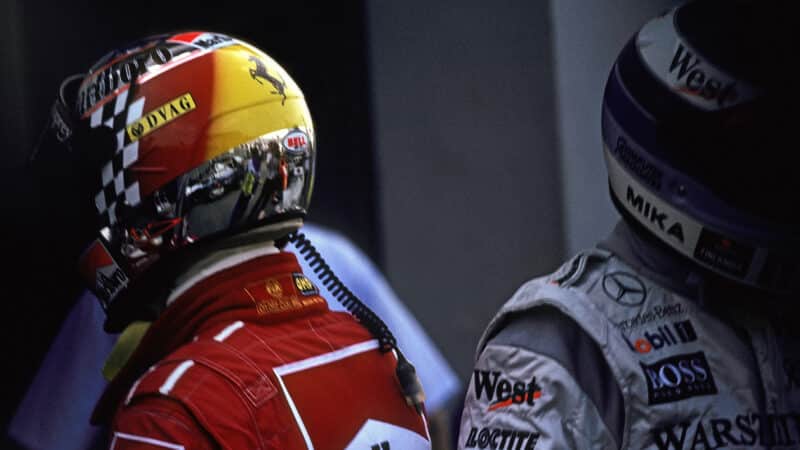 Michael Schumacher and Mika Hakkinen back to back at the 1998 Japanese Grand Prix