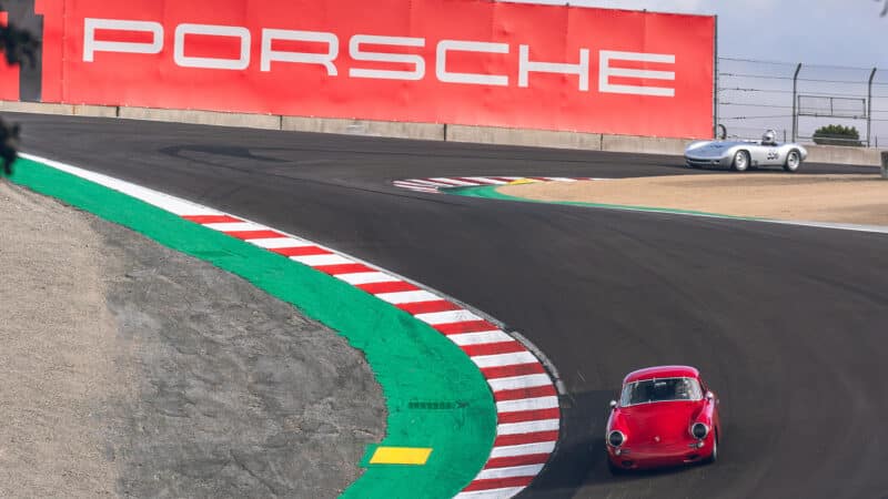 Porsches on corkscrew at Laguna Seca for 2023 rennsport Reunion