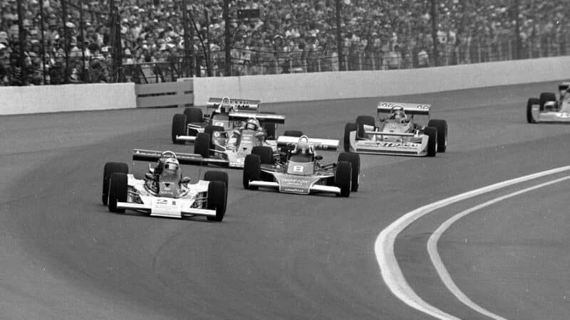 Unser leads Tom Sneva’s McLaren at Indy, ’77
