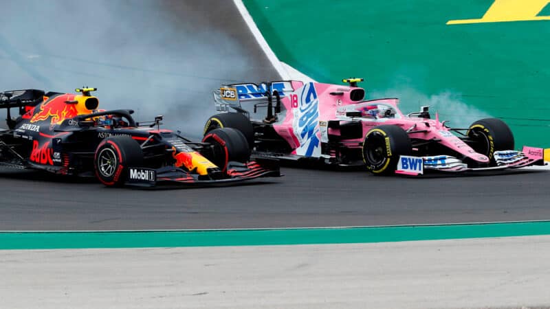 Alex Albon and Lance Stroll lock tyres under braking at the 2020 Portuguese GP