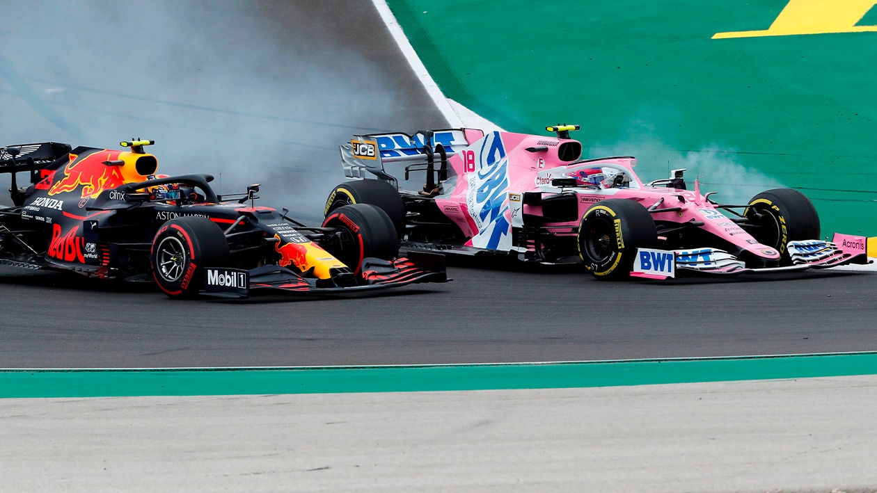 Alex Albon and Lance Stroll lock tyres under braking at the 2020 Portuguese GP