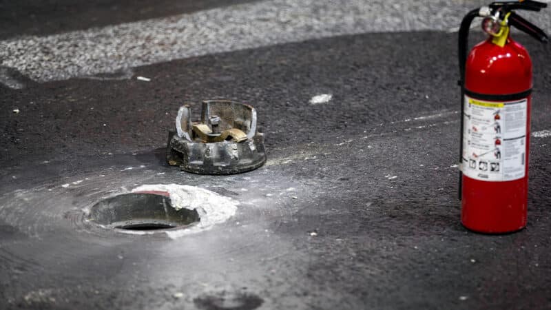Broken manhole cover that damaged the Ferrari of Carlos Sainz in 2023 Las Vegas GP practice