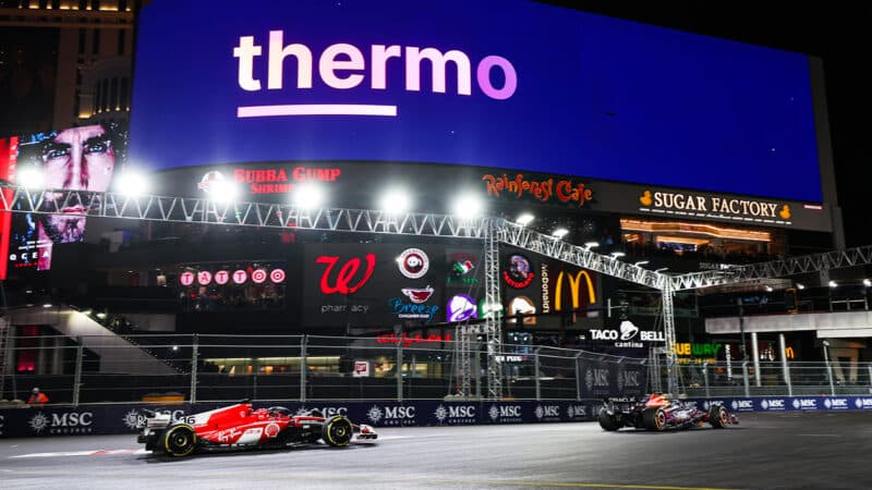 Charles Leclerc chases Max Verstappen in 2023 Las Vegas Grand Prix