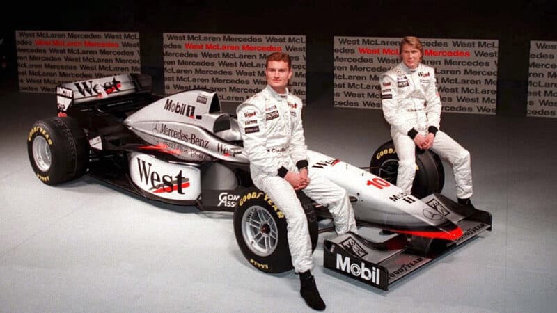 David Coulthard with Mika Hakkinen at 1997 McLaren F1 car launch