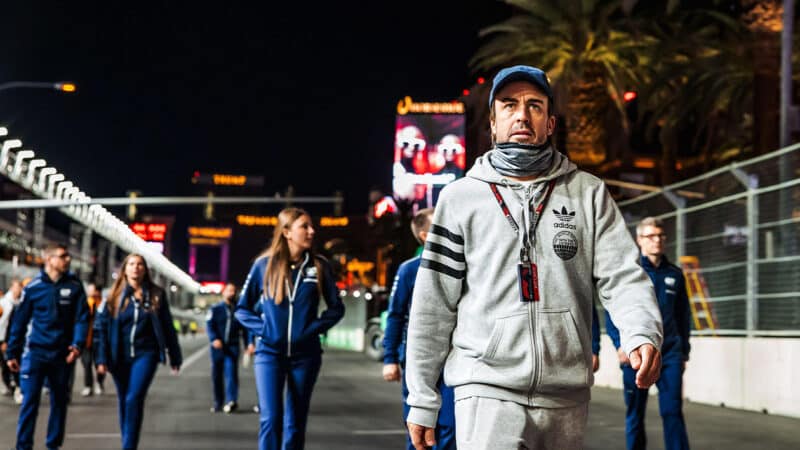 Fernando Alonso in scarf on track walk ahead of 2023 Las Vegas Grand Prix