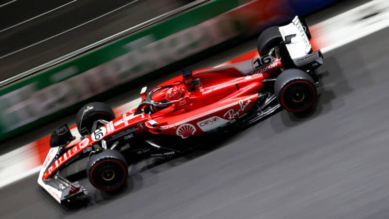 Ferrari of Charles Leclerc at speed in 2023 las Vegas GP