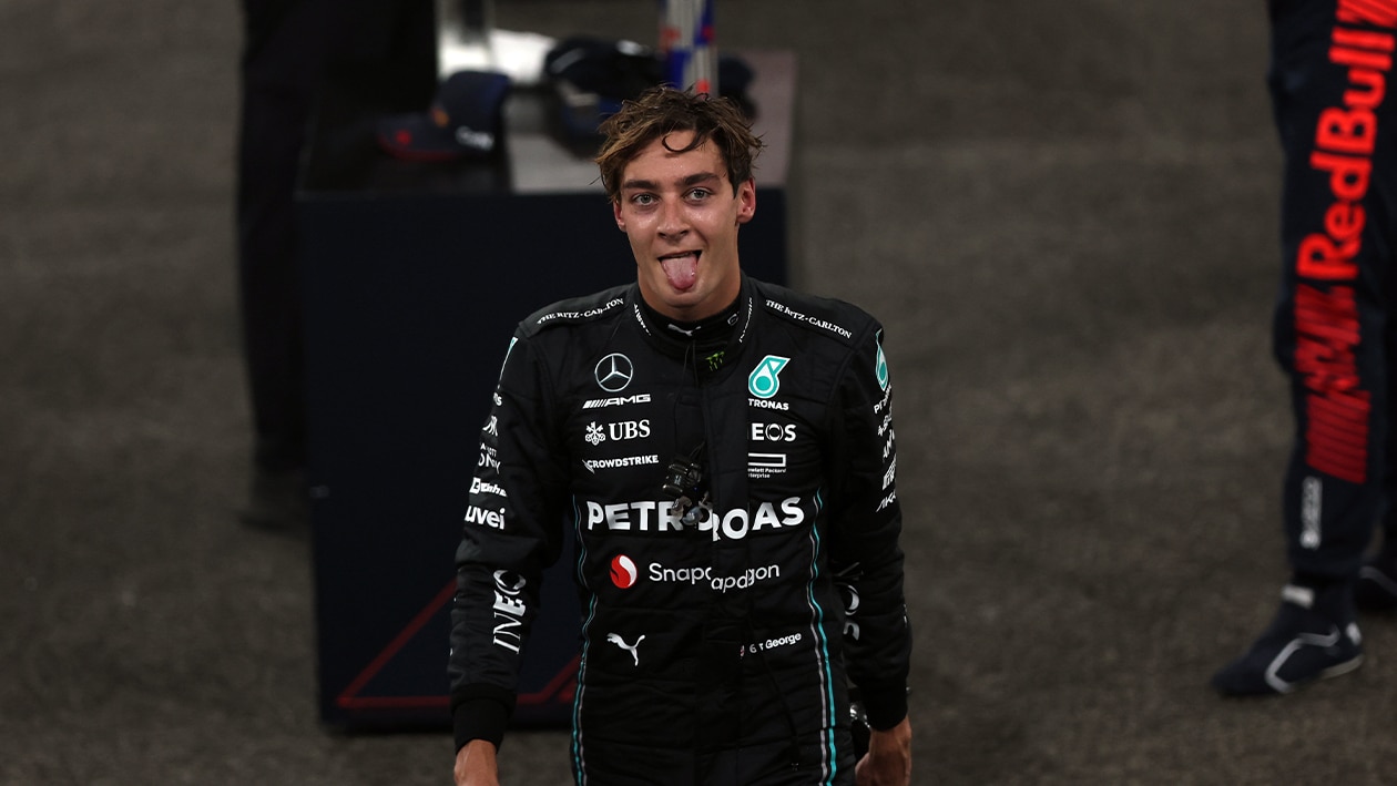 George Russell pokes his tongue out after the 2023 F1 Abu Dhabi GP