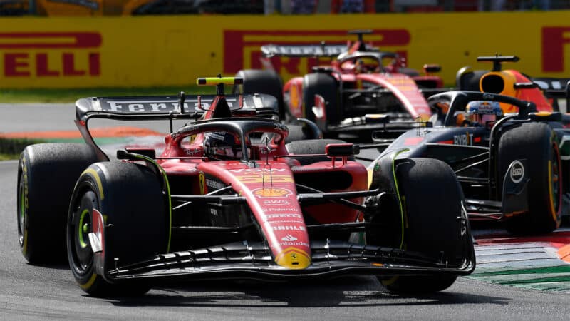 Carlos Sainz leads the Italian Grand Prix followed by Max Verstappen and Charles Leclerc