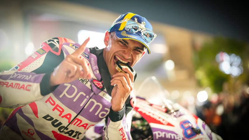 Jorge Martin bites medal after winning 2023 MotoGP Qatar GP sprint race