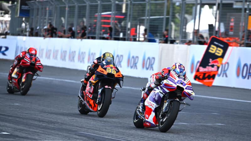 Jorge Martin leads Brad Binder and Pecco Bagania in 2023 MotoGP Thai GP