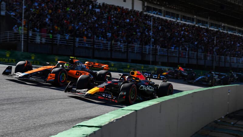 Lando Norris side by side with Max verstappen at the 2023 Sao Paulo Grand Prix sprint race