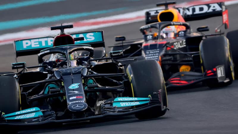Lewis Hamilton leads Max Verstappen in 2021 Abu Dhabi GP