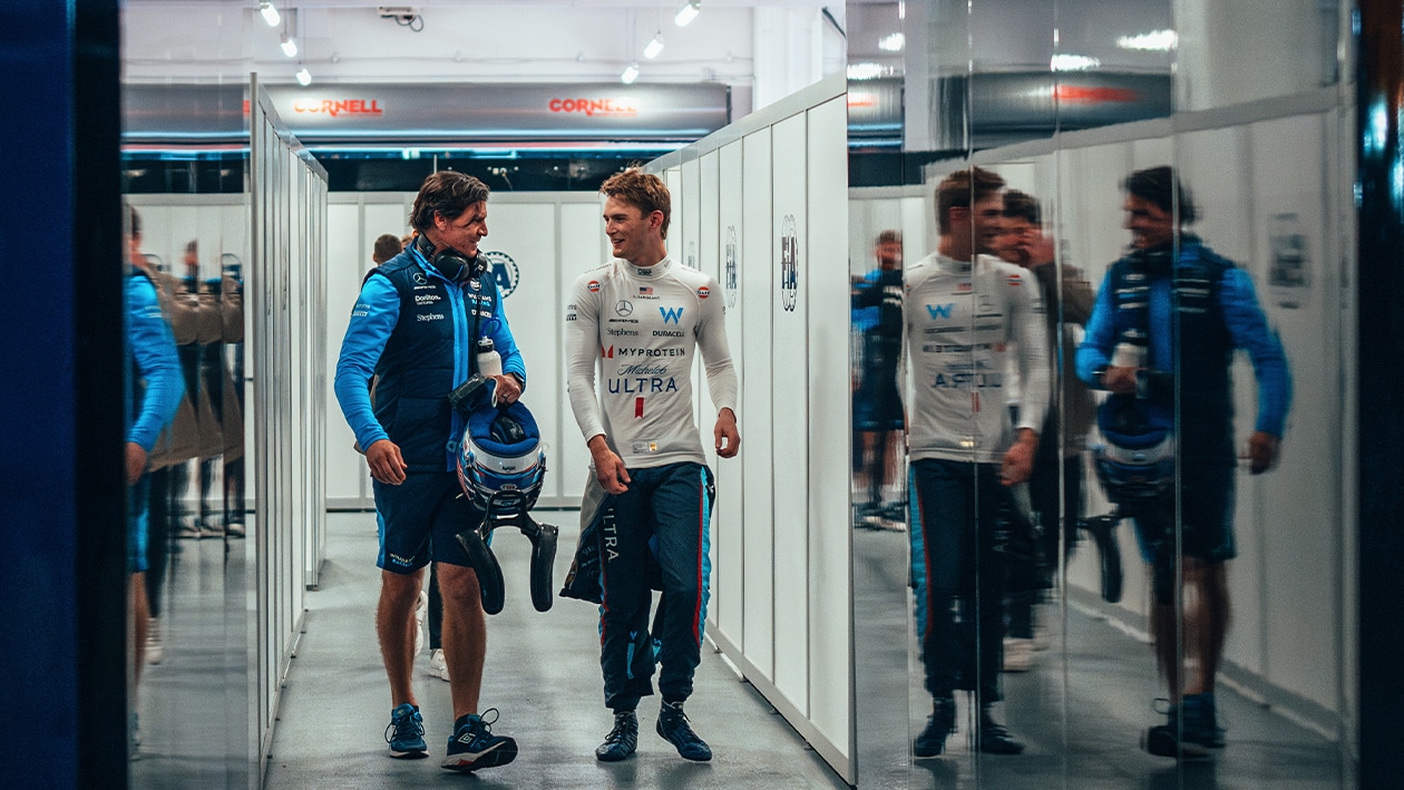 Logan Sargeant walks through Williams pit garage at 2023 Las Vegas GP