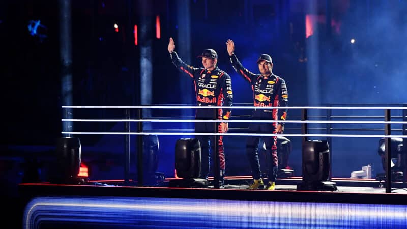 Max Verstappen and Sergio Perez wave to crowd at 2023 Las Vegas GP opening ceremony