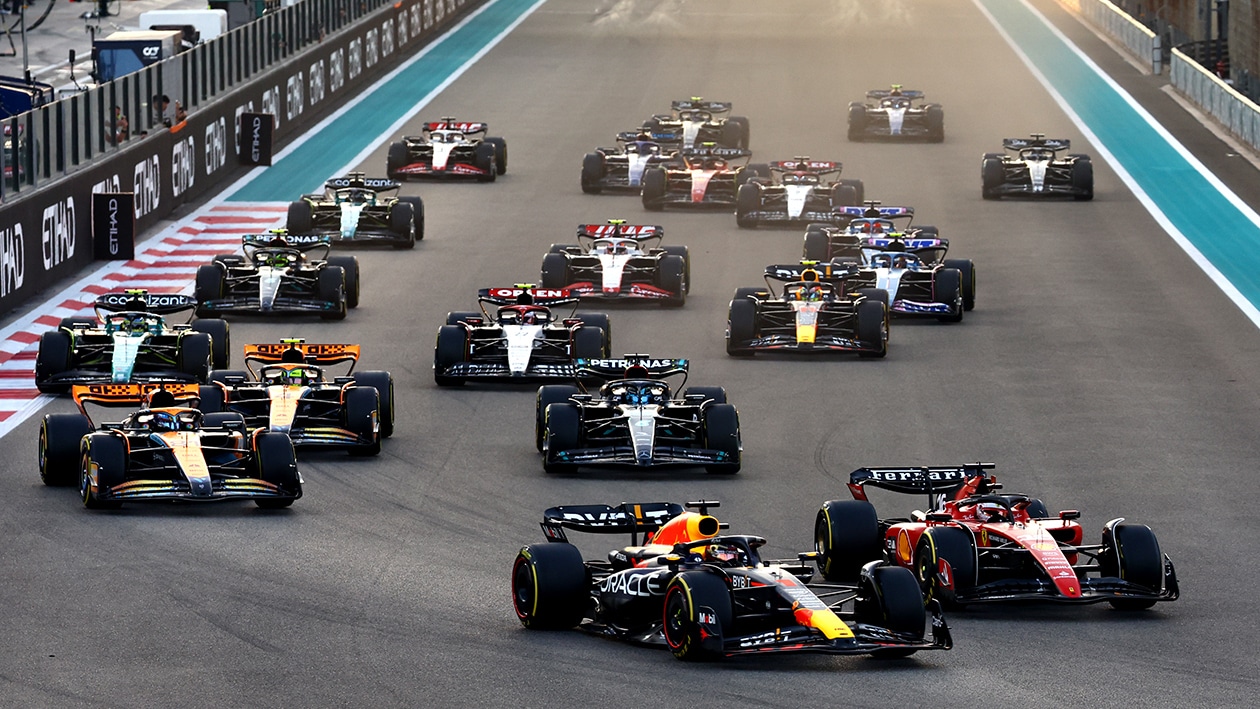 Max Verstappen leads Charles Leclerc at the start of the 2023 F1 Abu Dhabi GP